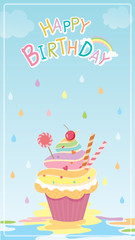 Illustration vector of rainbow cupcake decorated with raining creamy background for Birthday card.