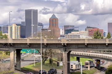 Portland Oregon skyline and freeway traffic.