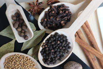 spices and herbs, spice, herb, pepper, garlic, mustard, clove, allspice, nutmeg, anise, anise star seed, chili, dried chilis, bay leaf, cinnamon, 