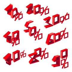 Set red 3D numbers with interest. Isometric size of discounts