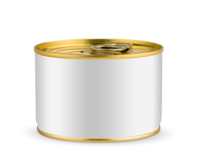 White blank tincan gold metal Tin Can with key, canned Food. Isolated on white background. Ready for your design. Real product packing.