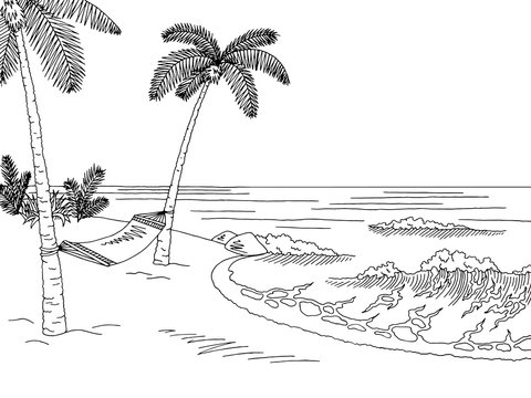 Sea coast hammock graphic black white landscape sketch illustration vector