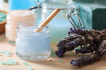 Variety of creams and lavender - spa concept