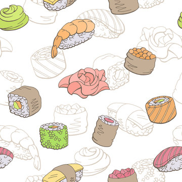 Sushi food graphic color seamless pattern sketch illustration vector