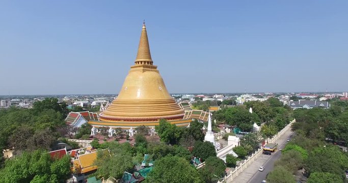 Aerial scene of Old big Thai buddhist pagoda and city at Nakhon Pathom Province , Thailand