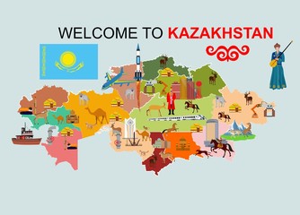 lllustration of Kazakhstan map showing its great culture and with historical monument, nature, modern buildings dance and more