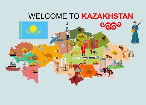 lllustration of Kazakhstan map showing its great culture and with historical monument, nature, modern buildings dance and more