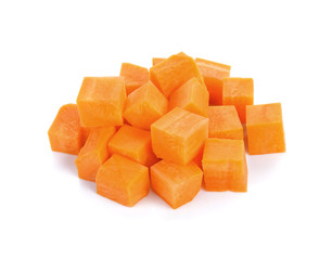 Diced carrots on white background.