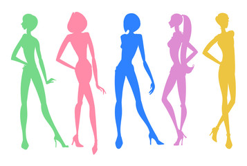 Set of young girls silhouettes posing in different colors. Vector illustration