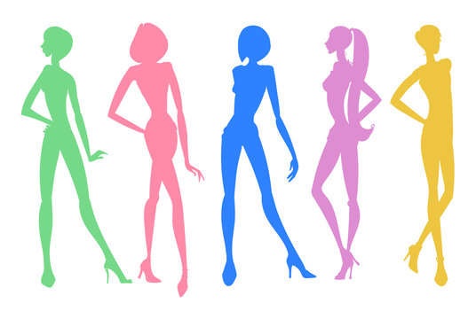 Set of young girls silhouettes posing in different colors. Vector illustration