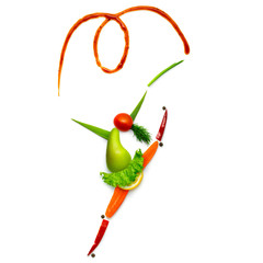 Elegant and sweet / Creative food concept of a gymnast made of vegetables and fruits on white backgraund.