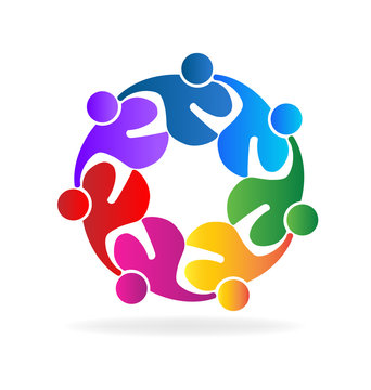 Teamwork hugging people in circle vector logo