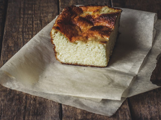 Casserole from cottage cheese for breakfast or for dessert (plated surface)