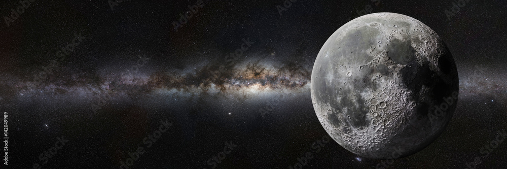 Wall mural moon in front of the milky way galaxy