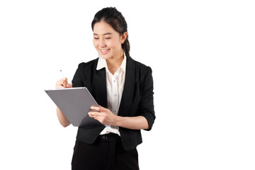 young working woman holding digital tablet on white background