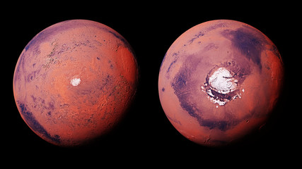 Obraz na płótnie Canvas Mars with the Red Planet's north and south polar ice cap, isolated on white backgroun