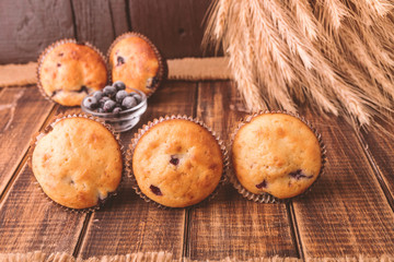 Muffins on wooden background on rustic style. Cupcake with currant