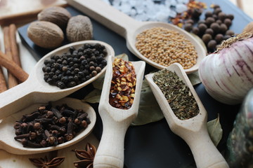 spices and herbs, spice, herb, pepper, garlic, mustard, clove, allspice, nutmeg, anise, anise star seed, chili, dried chilis, bay leaf, cinnamon, 