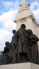 Close view of Socialists protest Tisza Istvan Monument outside the Budapest Parliament building