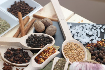spices and herbs, spice, herb, pepper, garlic, mustard, clove, allspice, nutmeg, anise, anise star seed, chili, dried chilis, bay leaf, cinnamon, 