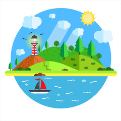 Fototapeta premium Vacation in the sea with lighthouse, hill, tree, mountain, fish and sailing ship. Summer time holiday voyage concept. Illustration in flat style. Travel background.