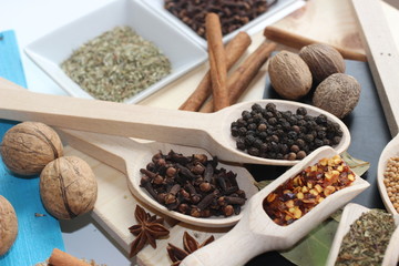 spices and herbs, spice, herb, pepper, garlic, mustard, clove, allspice, nutmeg, anise, anise star seed, chili, dried chilis, bay leaf, cinnamon, 