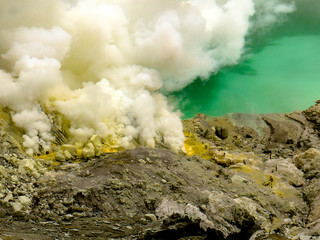 Sulfur Fumes and Turquoise-lake, Kawah Ijen Volcano, Indonesia
