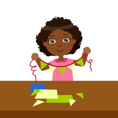 Boy Doing Paper Flag Garland On A String, Elementary School Art Class Vector Illustration
