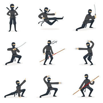 Japanese Ninja Assassin In Full Black Costume Performing Ninjitsu Martial Arts Postures With Different Weapons Series Of Illustrations.