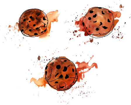 Watercolour chocolate chips cookies with splashes of paint