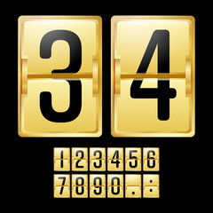 Mechanical Scoreboard Vector. Gold Yellow Timetable With Black Numbers. Analog Clock Panel. Countdown Timer.