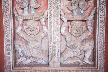 Buddhist temple door decoration in the capital of Vientiane,