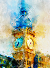 Colorful clock on the town square in bright colors of watercolor. digital painting