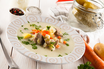 White soup - borscht with meat and vegetables