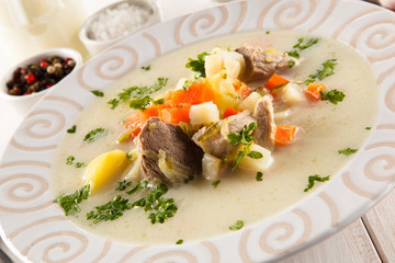 White soup - borscht with meat and vegetables