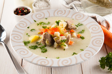 White soup - borscht with meat and vegetables