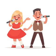 Boy and a girl sing a song into a microphone. Children's musical duo. Vector illustration in cartoon style