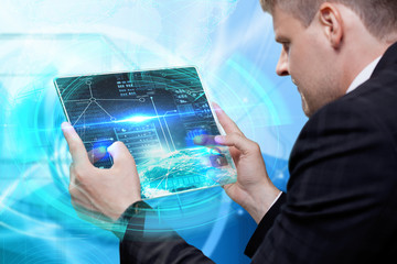 Innovative technologies. Business Technology Internet and network concept . man touching digital touchscreen . Innovative technologies. Global business.
