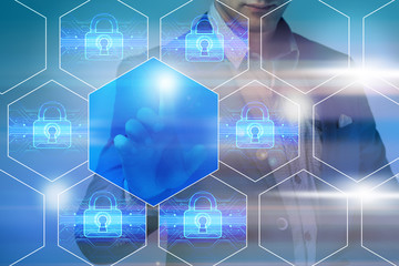 Business Technology Internet and network concept. Young businessman shows the on the virtual display of the future