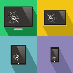 set of broken screen of smart phone, computer, notebook, tv, monitor and digital tablet. flat vector illustration with long shadow