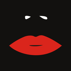 Red feminine lips and nose. Fashion illustration. Black background. Vector