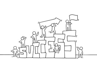 Cartoon working little people with word Success.