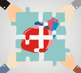 Hands putting heart puzzle pieces together. Cardiology and medicine concept. Flat design