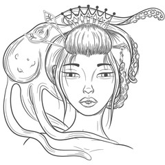Vector illustration of a geisha with an octopus