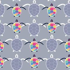 Obraz premium Cute multicolor seamless pattern of stylized turtles in cartoon style