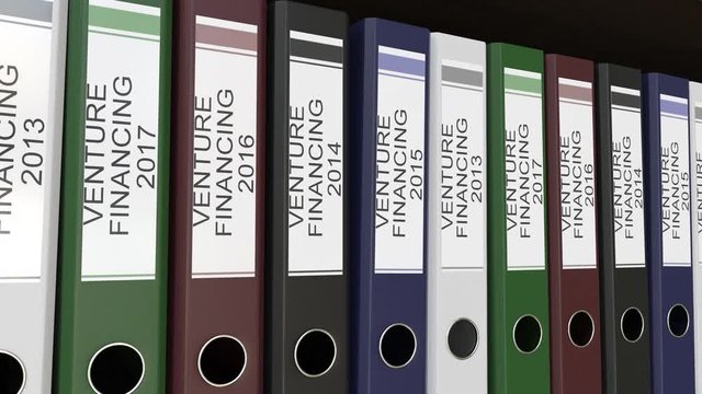 Line of multicolor office binders with Venture financing tags, different years. 4K seamless loop clip