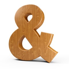 3d Rendering wood material ampersand symbol & isolated white background