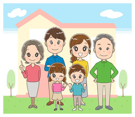 三世代家族と家のイラスト