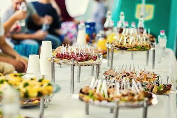 buffet table, Canape, sandwiches, snacks, holiday table, sliced, glasses, celebration, new year, christmas, fourchette, catering, table setting, restaurant