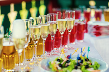 buffet table, Canape, sandwiches, snacks, holiday table, sliced, glasses, celebration, new year, christmas, fourchette, catering, table setting, restaurant